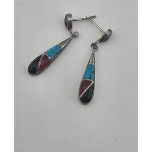 Sterling silver multi-stone inlay teardrop dangle earrings